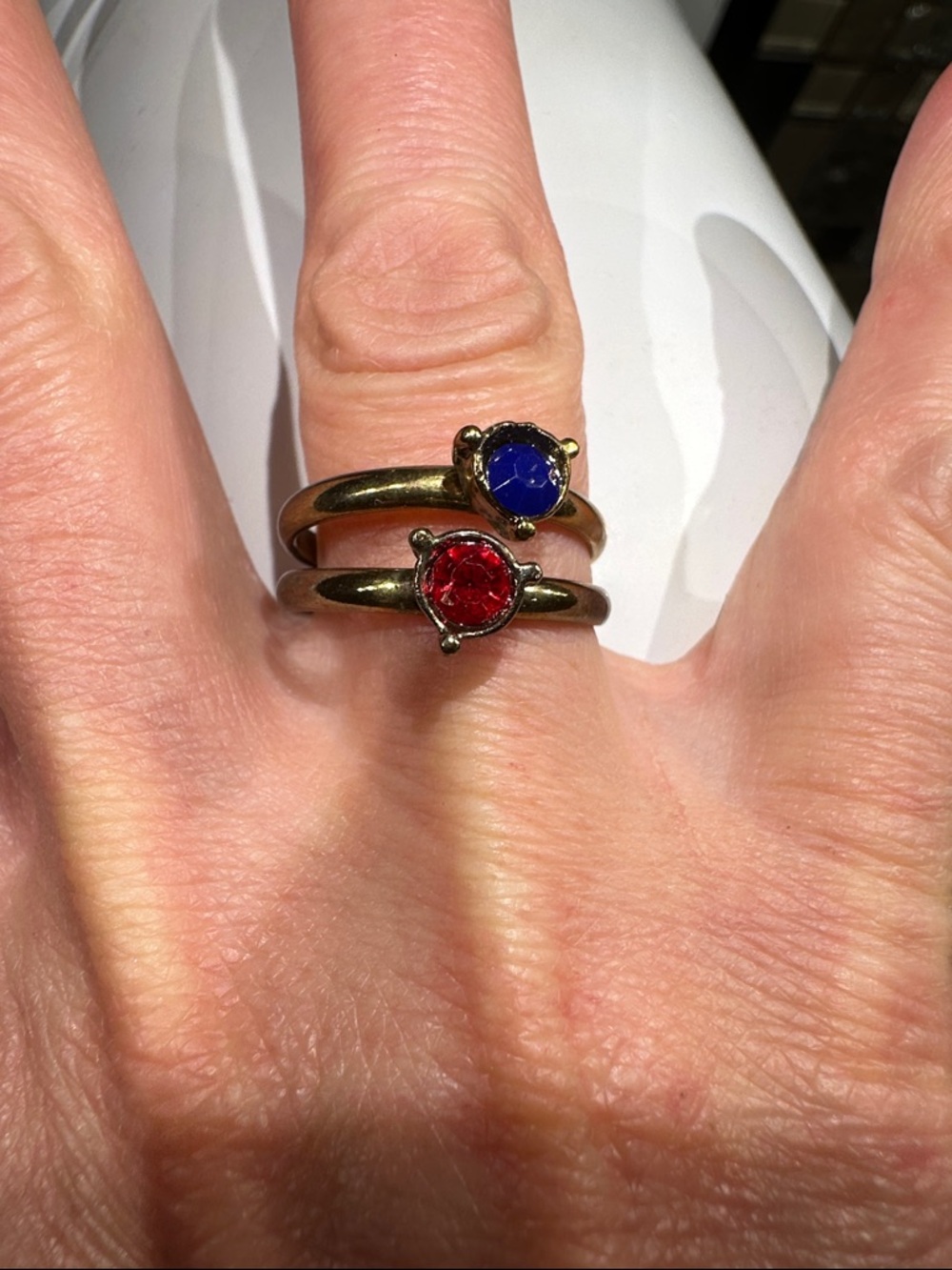 Gold-Tone Double Stack Ring Set with Blue and Red Stones